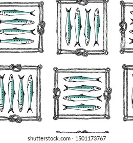 Vector seamless pattern with hand drawn Indian oil sardines in rope frames. Advertising, menu or packaging cool design elements, perfect for prints and patterns