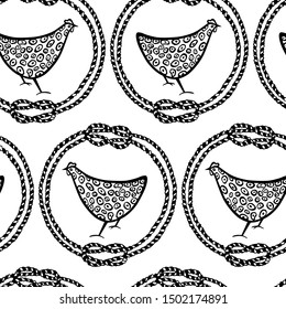 Vector seamless pattern with hand drawn chicken in rope wreath. Beautiful ink drawing, heavy contour, abstract design elements. Perfect elements for food or farming design.