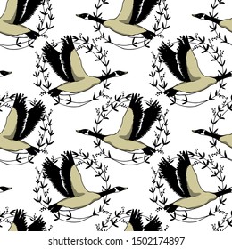 Vector seamless pattern with hand drawn wild geese in floral wreath. Beautiful animal design elements, ink drawing.