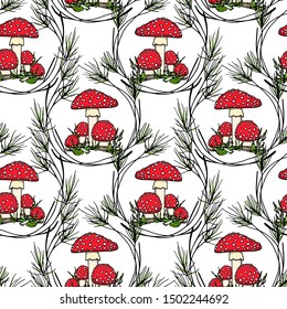 Vector seamless pattern with hand drawn poisonous wild fungus Amanita in pine wreath. Ink drawing, graphic style. Beautiful design elements.