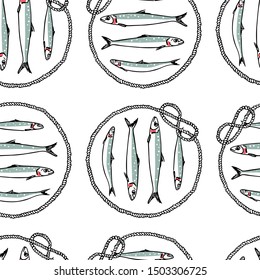 Vector seamless pattern with hand drawn Indian oil sardines in rope frames. Advertising, menu or packaging cool design elements, perfect for prints and patterns