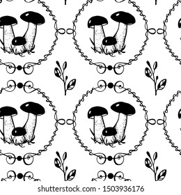 Vector seamless pattern with hand drawn wild mushrooms in vintage frames. Ink drawing, beautiful food design elements. Perfect for prints and patterns