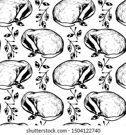 Vector seamless pattern with hand drawn sleeping badgers with leaves made in ink. Beautiful animal design elements, perfect for prints and patterns