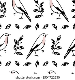 Vector seamless pattern with hand drawn cute robins with black leaves. Ink drawing, beautiful animal design elements.
