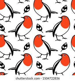 Vector seamless pattern with hand drawn cute robins with black leaves. Ink drawing, beautiful animal design elements.