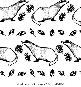 Vector seamless pattern with hand drawn badgers with leaves and pine cones made in ink. Beautiful animal design elements, perfect for prints and patterns