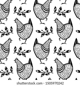 Vector seamless pattern with hand drawn speckled hens with twigs. Beautiful ink drawing. Perfect elements for food or farming design.