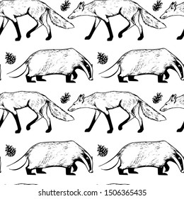 Vector seamless pattern with hand drawn foxes and badgers with pine cones made in ink. Beautiful animal design elements, perfect for prints and patterns