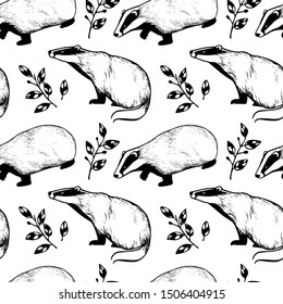 Vector seamless pattern with hand drawn badgers with leaves made in ink. Beautiful animal design elements, perfect for prints and patterns