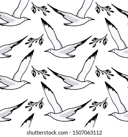 Vector seamless pattern with  hand drawn flying seagulls and floral elements. Ink drawing, beautiful animal design elements.