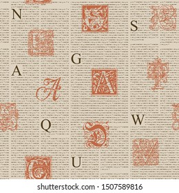 Vector seamless pattern with hand drawn alphabet letters on the background of old book pages. Old book with unreadable black text, initial and capital letters. Wallpaper, wrapping paper, fabric