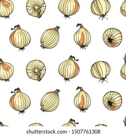 Vector seamless pattern with hand drawn Bermuda onion bulbs. Beautiful food design elements, ink drawing, perfect for prints and patterns