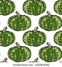 Vector seamless pattern with hand drawn Kabocha squashes. Ink drawing, graphic style. Beautiful food or Halloween design elements, perfect for prints and patterns