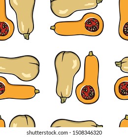 Vector seamless pattern with hand drawn butternut squashes. Ink drawing, graphic style. Beautiful food or Halloween design elements, perfect for prints and patterns