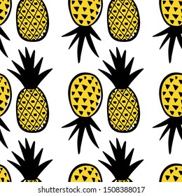Vector seamless pattern with hand drawn pineapples. Beautiful ink drawing, heavy contour, graphic style. Food design elements.