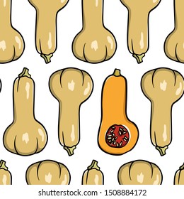 Vector seamless pattern with hand drawn butternut squashes. Ink drawing, graphic style. Beautiful food or Halloween design elements, perfect for prints and patterns
