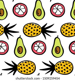 Vector seamless pattern with hand drawn juicy fruits. Beautiful ink drawing, heavy contour, graphic style. Food design elements.