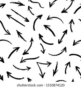 Vector seamless pattern with hand drawn black grunge arrows on white background. Abstract different brush arrows. Collection of chaotic doodle elements for design, concept, template, print, textile.