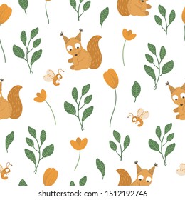 Vector seamless pattern of hand drawn flat funny baby squirrel with leaves and orange flowers. Forest themed repeating background for children’s design. Cute animalistic backdrop