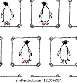Vector seamless pattern with hand drawn cute Macaroni penguins in nautical rope. Ink drawing, funny illustration, beautiful animal design elements. Perfect for prints and patterns