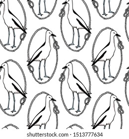Vector seamless pattern with hand drawn cute crab-plovers in nautical rope frames. Beautiful animal design elements, ink drawing,perfect for prints and patterns
