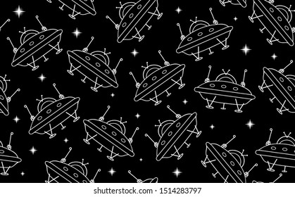 Vector seamless pattern with hand drawn 
UFO starships and stars