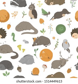 Vector seamless pattern with hand drawn flat funny sleeping animals. Cute repeat background with forest creatures. Sweet woodland ornament for children’s design, print. 