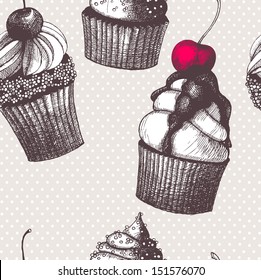 Vector seamless pattern with hand drawn cakes. Vintage illustration on spotted background.