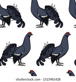 Vector seamless pattern with hand drawn male black grouse. Beautiful animal design elements, ink drawing.