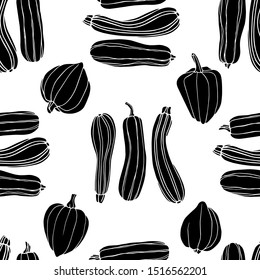 Vector seamless pattern with hand drawn squashes. Ink drawing, graphic style. Beautiful food design elements, linocut style