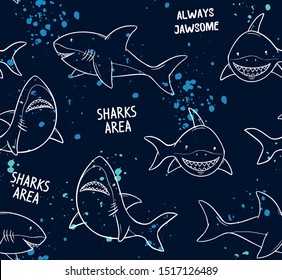 Vector seamless  pattern with hand drawn sharks.