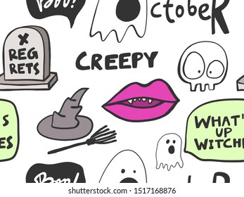 Vector seamless pattern with hand drawn halloween sticker illustrations. Good for wrapping paper, poster, t shirt print