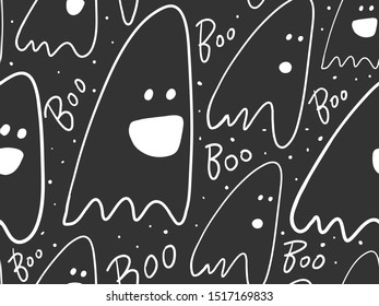Vector seamless pattern with hand drawn Halloween Ghost sticker illustrations. Good for wrapping paper, poster, t shirt print