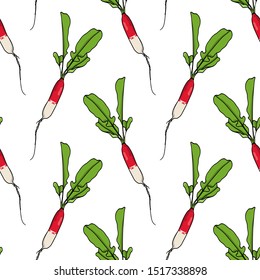 Vector seamless pattern with hand drawn raw  French breakfast radish. Beautiful food design elements, ink drawing. Perfect for prints and patterns