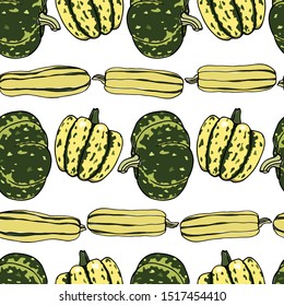 Vector seamless pattern with hand drawn green winter squashes. Ink drawing, graphic style. Beautiful food or Halloween design elements, perfect for prints and patterns