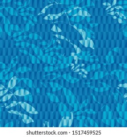 Vector seamless pattern with hand drawn leaves and geometric background with simple triangel shapes. Foliage in pastel colors on abstract mosaic backdrop