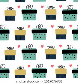 Vector seamless pattern with hand drawn gift boxes in Doodle style