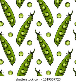 Vector seamless pattern with hand drawn green pea pods. Beautiful food design elements, ink drawing. Perfect for prints and patterns