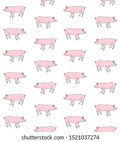 Vector seamless pattern of hand drawn sketch pink pig isolated on white background