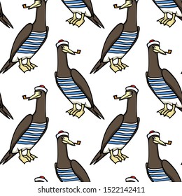 Vector seamless pattern with hand drawn Brown Booby in sailor outfit. Ink drawing, beautiful animal and nautical design elements. Perfect for prints and patterns