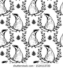 Vector seamless pattern with hand drawn badgers in floral wreath with pine cones made in ink. Beautiful animal design elements, perfect for prints and patterns
