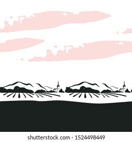 Vector seamless pattern with hand drawn vineyard landscape on white background. For packaging design, advertisement background, banners, tags, stickers, posters, decor etc.