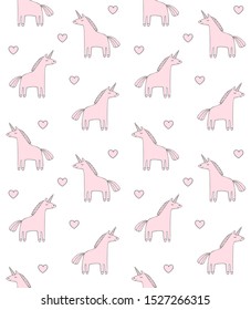 Vector seamless pattern of hand drawn pink doodle unicorn isolated on white background