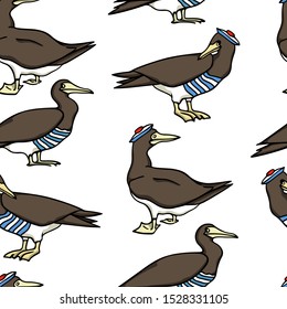 Vector seamless pattern with hand drawn Brown Boobies in sailor's outfits. Ink drawing, beautiful animal and nautical design elements. Perfect for prints and patterns