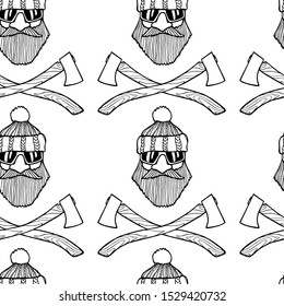 Vector seamless pattern with hand drawn lumberjack and crossed axes. Cute characters, beautiful design elements. Perfect for prints and patterns