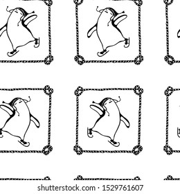 Vector seamless pattern with hand drawn cute penguins skating on ice  in nautical rope frames. Ink drawing, funny illustration, beautiful design elements. Perfect for prints and patterns