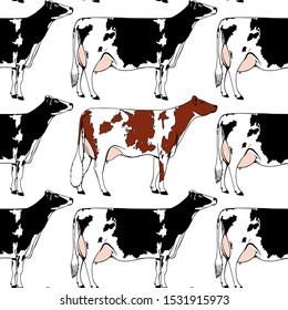 Vector seamless pattern with hand drawn dairy cattle. Beautiful food and animal design elements, ink drawing, perfect for prints and patterns