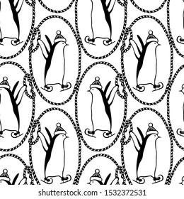Vector seamless pattern with hand drawn cute penguins skating on ice  in nautical rope frames. Ink drawing, funny illustration, beautiful design elements. Perfect for prints and patterns