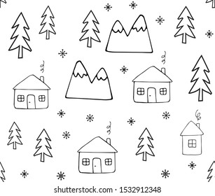 Vector seamless pattern of hand drawn doodle sketch house and trees isolated on white background. Christmas winter illustration.