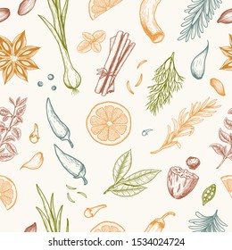 Vector seamless pattern with hand drawn medical herbs and spices.